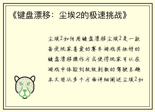 《键盘漂移：尘埃2的极速挑战》