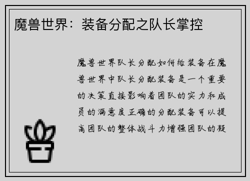 魔兽世界：装备分配之队长掌控